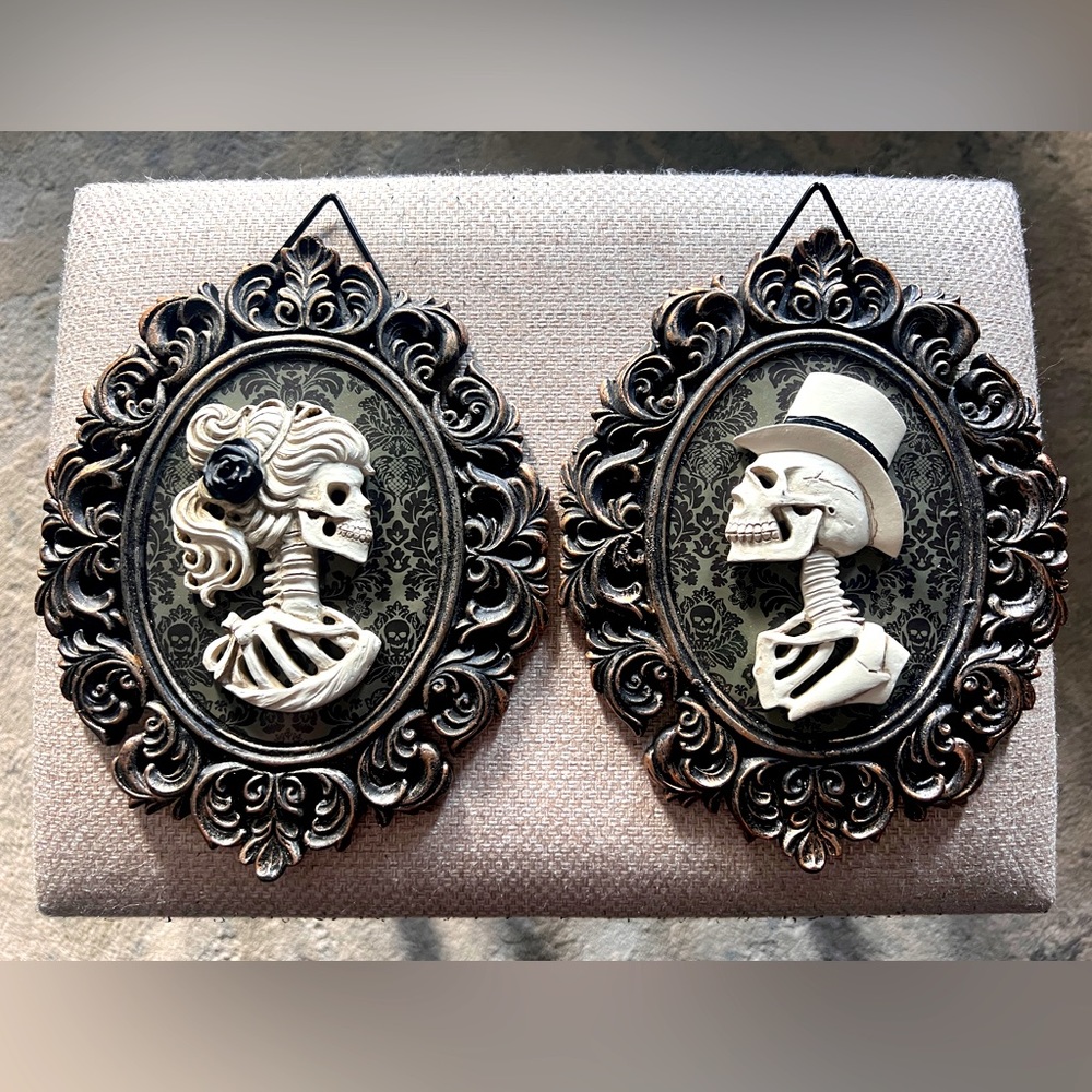 New, Set of 2 - “His & Hers” Victorian Skeleton Wall Plaques - Gothic Decor